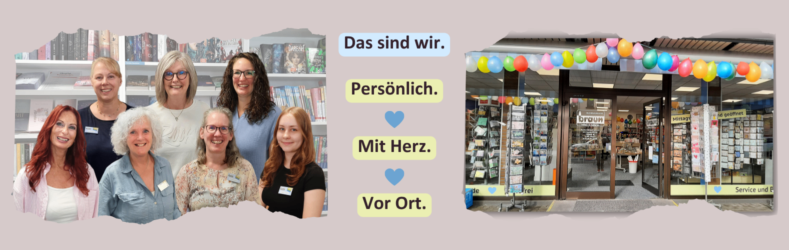 Man sieht ein Foto mit den Mitgliedern des Teams sowie eine Außenansicht der Buchhandlung.